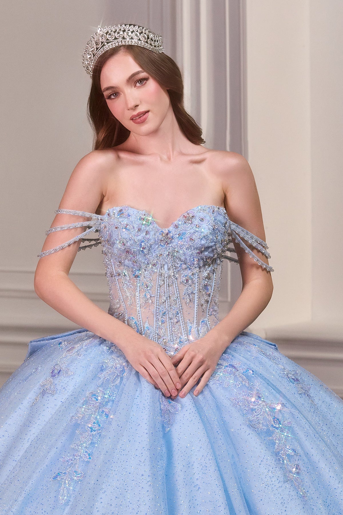 Ladivine 15735 - Off Shoulder Beaded Corset Ballgown Quinceanera Dresses in Lt Blue