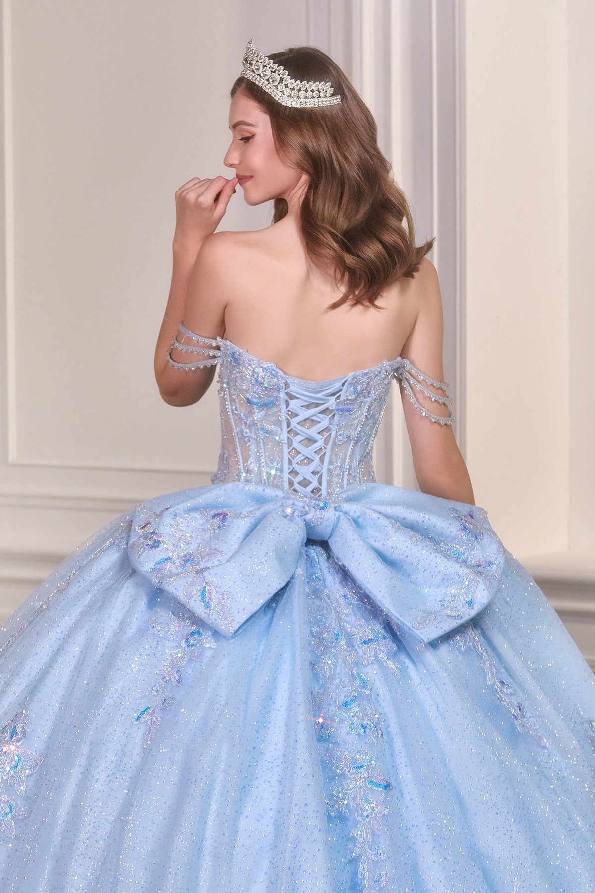 Ladivine 15735 - Off Shoulder Beaded Corset Ballgown Quinceanera Dresses in Lt Blue