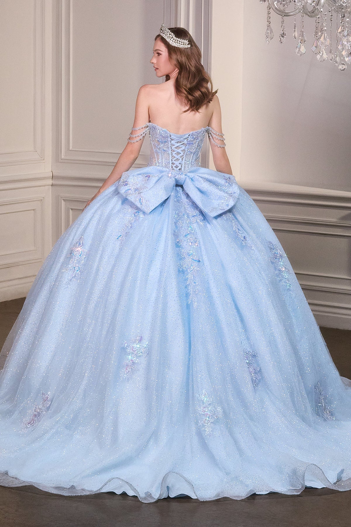 Ladivine 15735 - Off Shoulder Beaded Corset Ballgown Quinceanera Dresses in Lt Blue