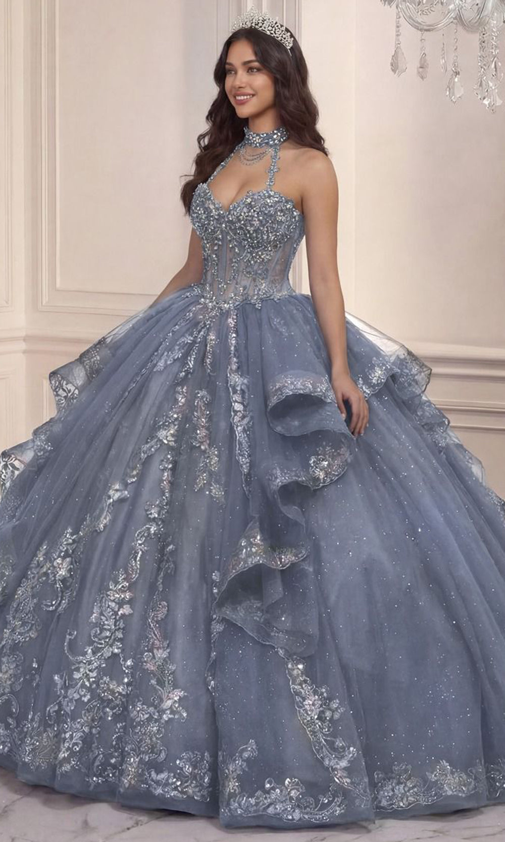 Ladivine 15741 - Beaded Applique Corset Bodice Quincenera Gown