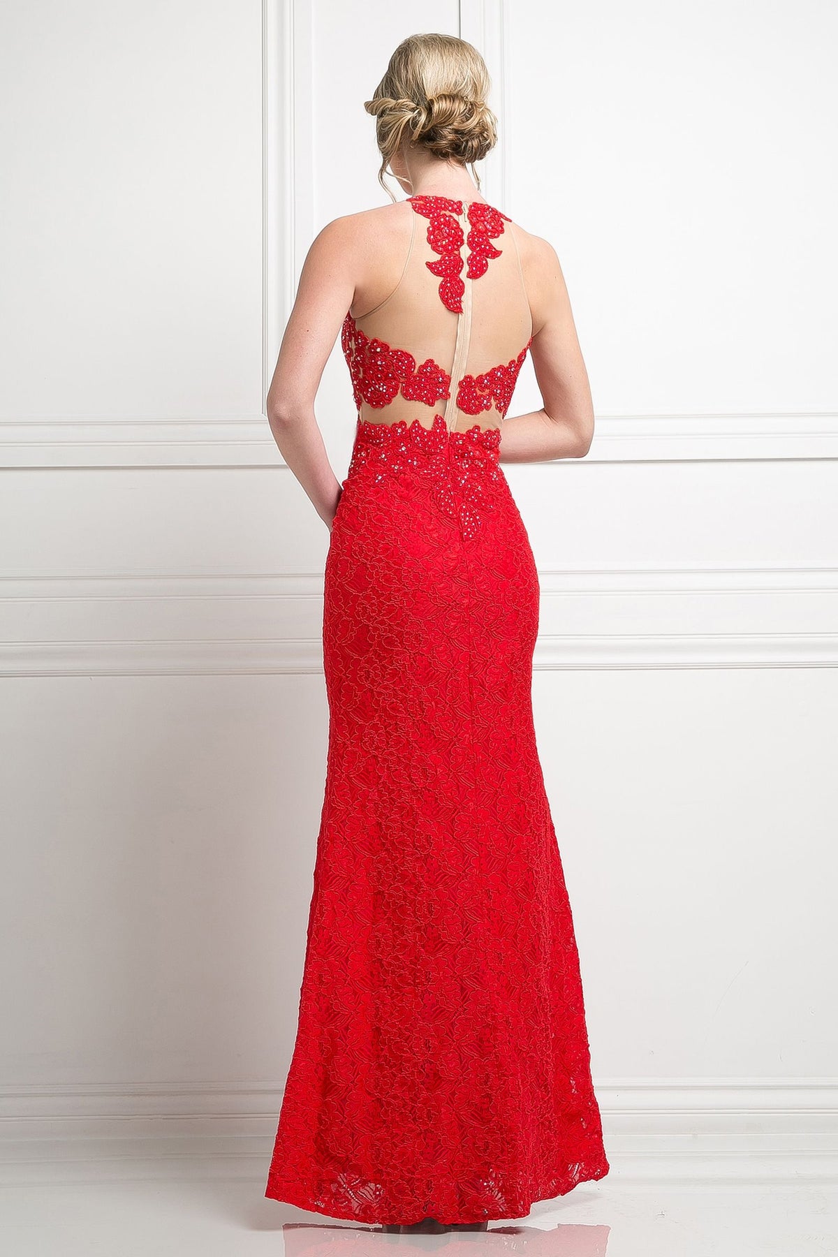 Ladivine 1586 - Beaded Lace Sheath Long Dress