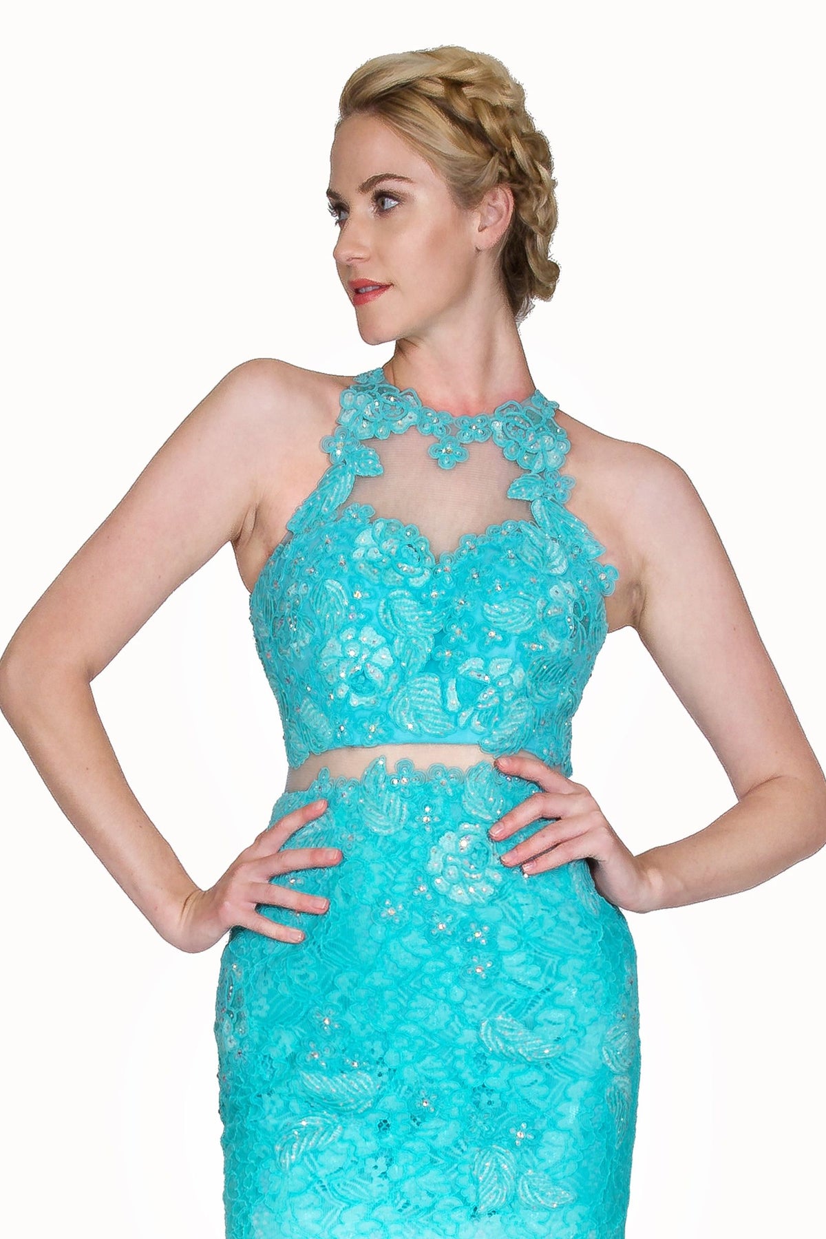 Ladivine 1586 - Beaded Lace Sheath Long Dress