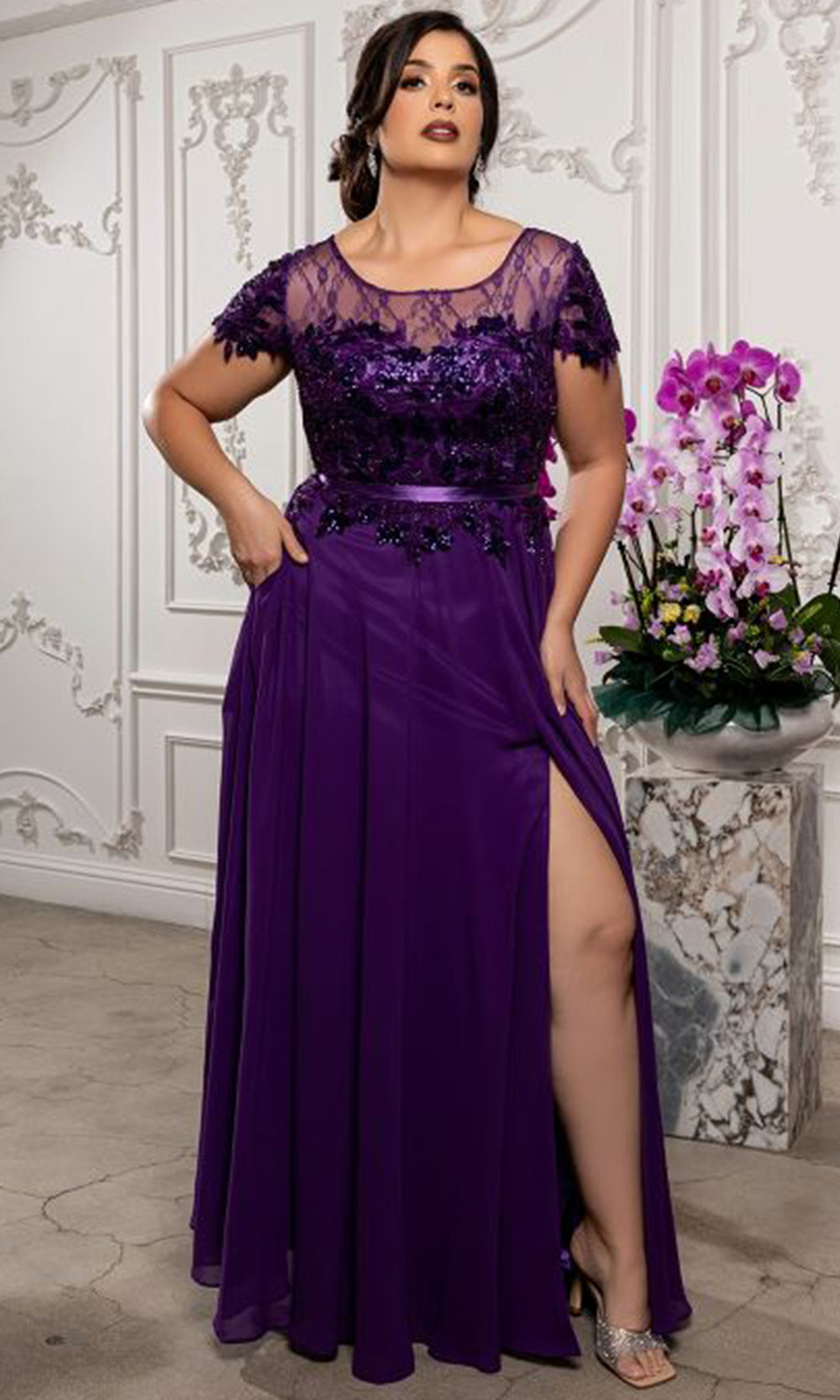 May Queen MQ2223 - Cap Sleeve Beaded Lace A-Line Gown