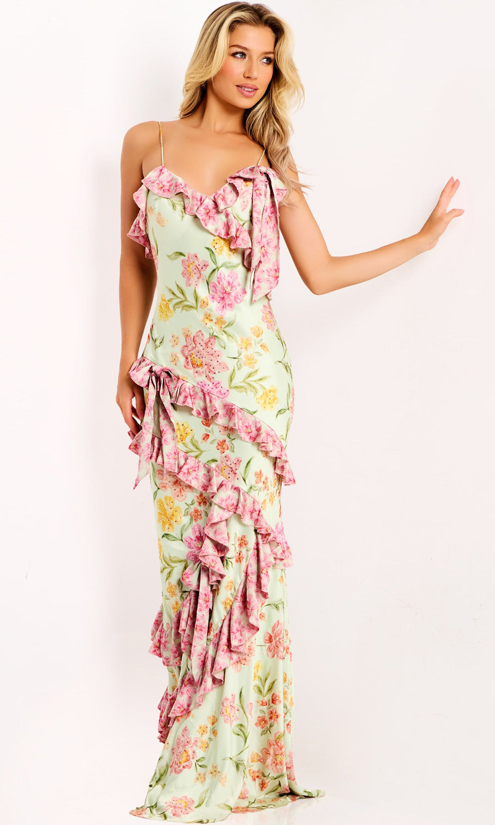 Jovani 47236 - Floral Ruffled Spaghetti Strap Gown