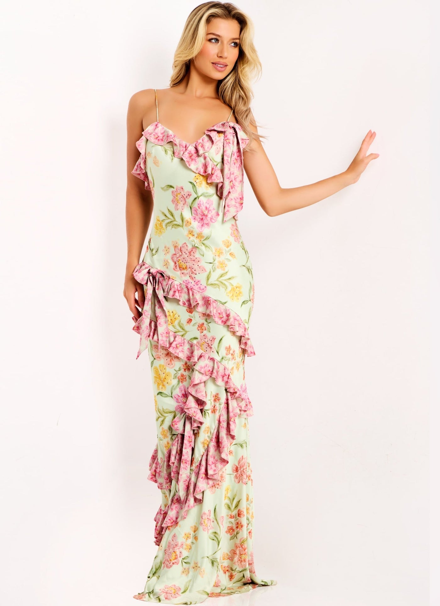 Jovani 47236 - Floral Ruffled Spaghetti Strap Gown Prom Dresses In Multi