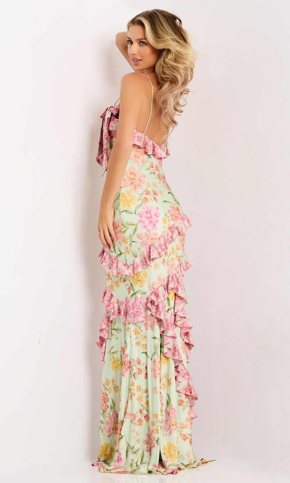 Jovani 47236 - Floral Ruffled Spaghetti Strap Gown