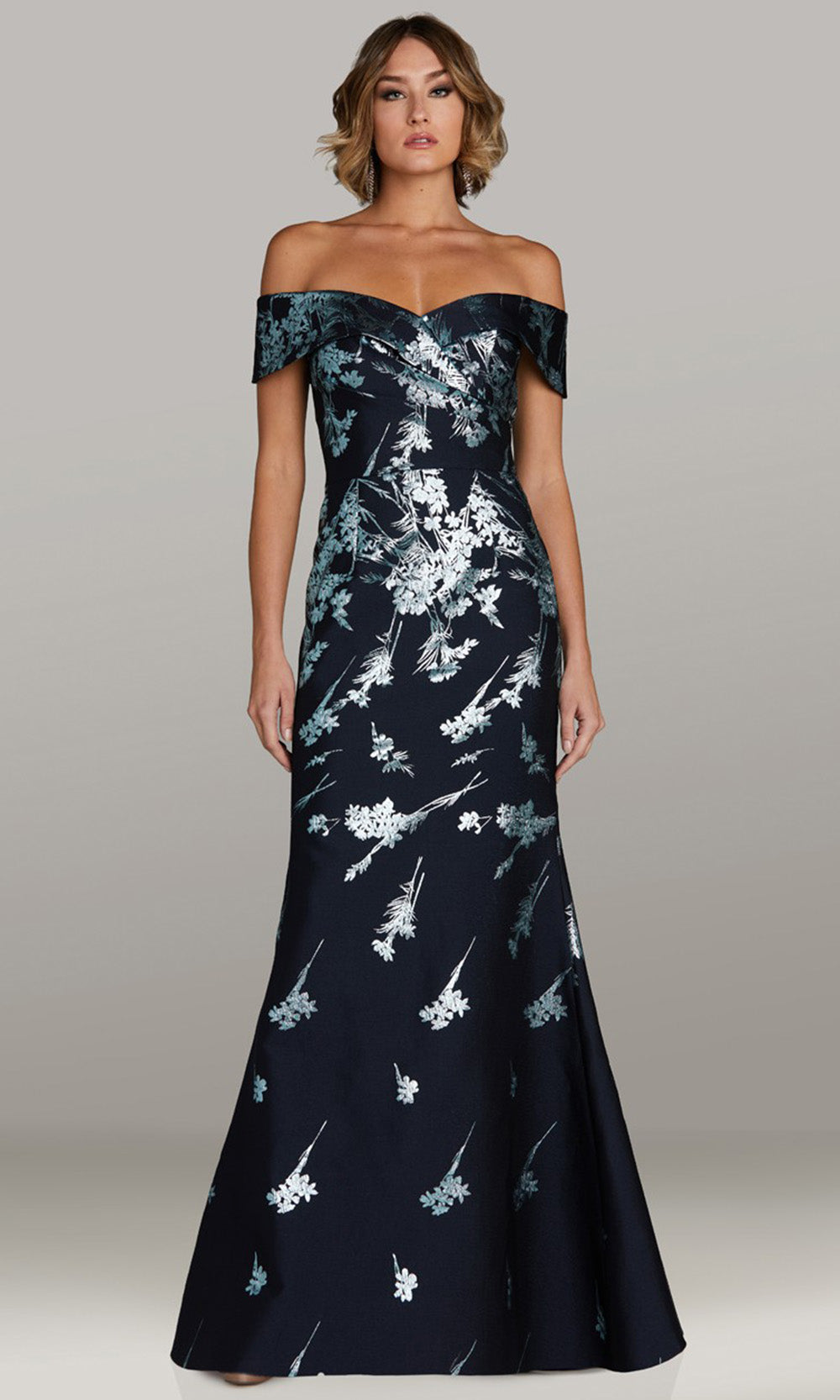 Feriani Couture 18438 - Trumpet Skirt Floral Texture Evening Dress Mother of the Bride Dresses in Navy 