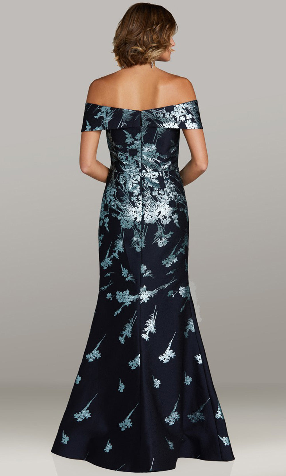 Feriani Couture 18438 - Trumpet Skirt Floral Texture Evening Dress Mother of the Bride Dresses in Navy 