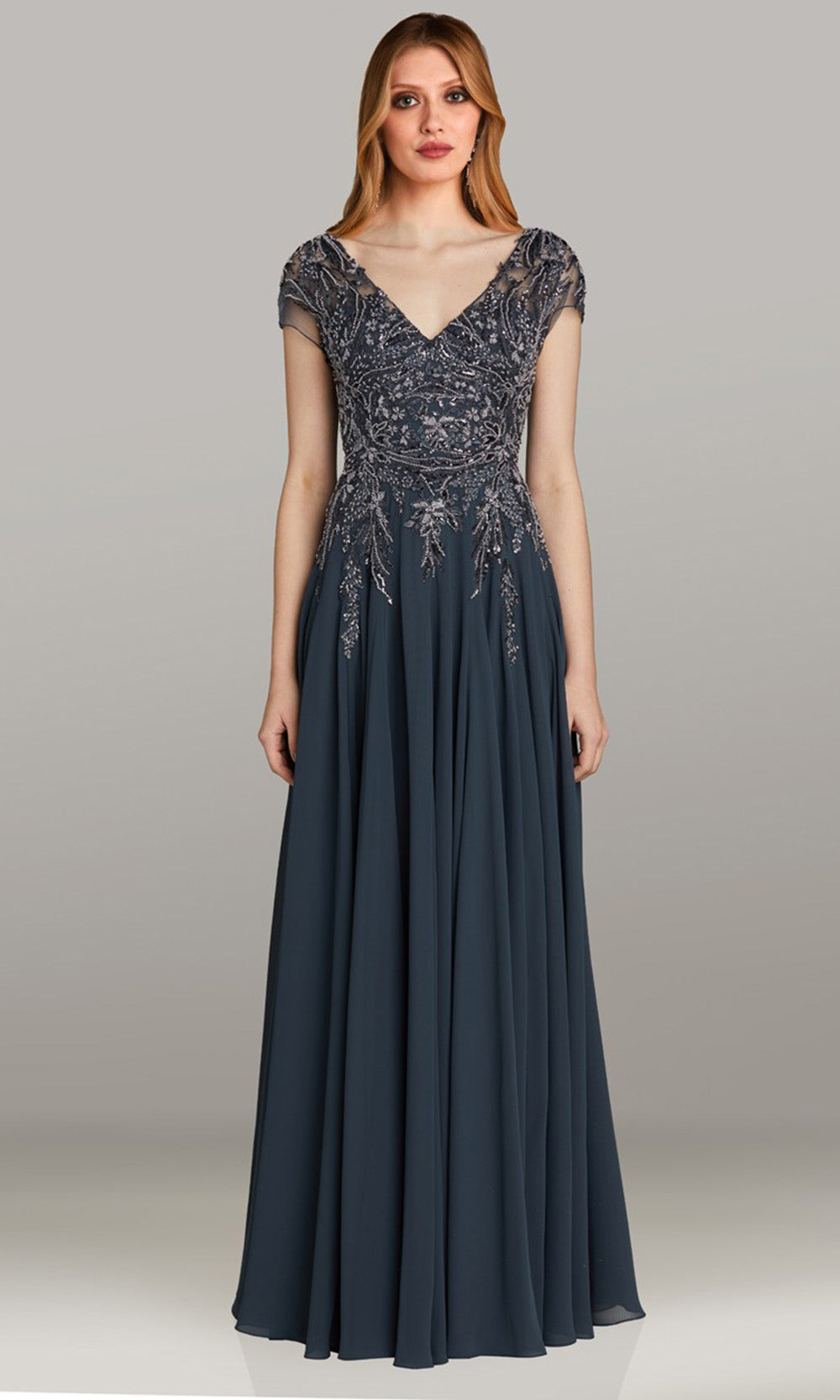 Feriani Couture 18471 - Embellished Pleated A-Line Evening Gown Mother of the Bride Dresses in Charcoal 