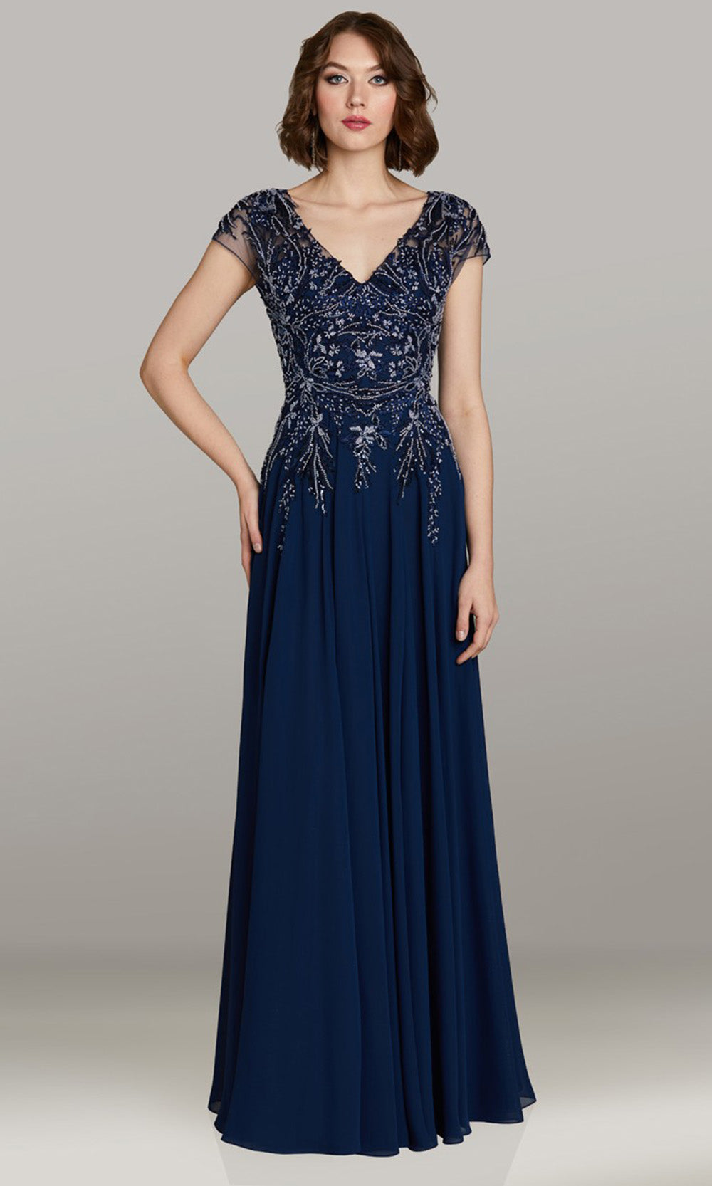 Feriani Couture 18471 - Embellished Pleated A-Line Evening Gown Mother of the Bride Dresses in Navy 