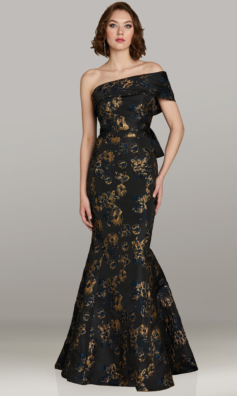 Feriani Couture 18481 - Floral Motif Mermaid Asymmetric Dress Mother of the Bride Dresses in Black Blue