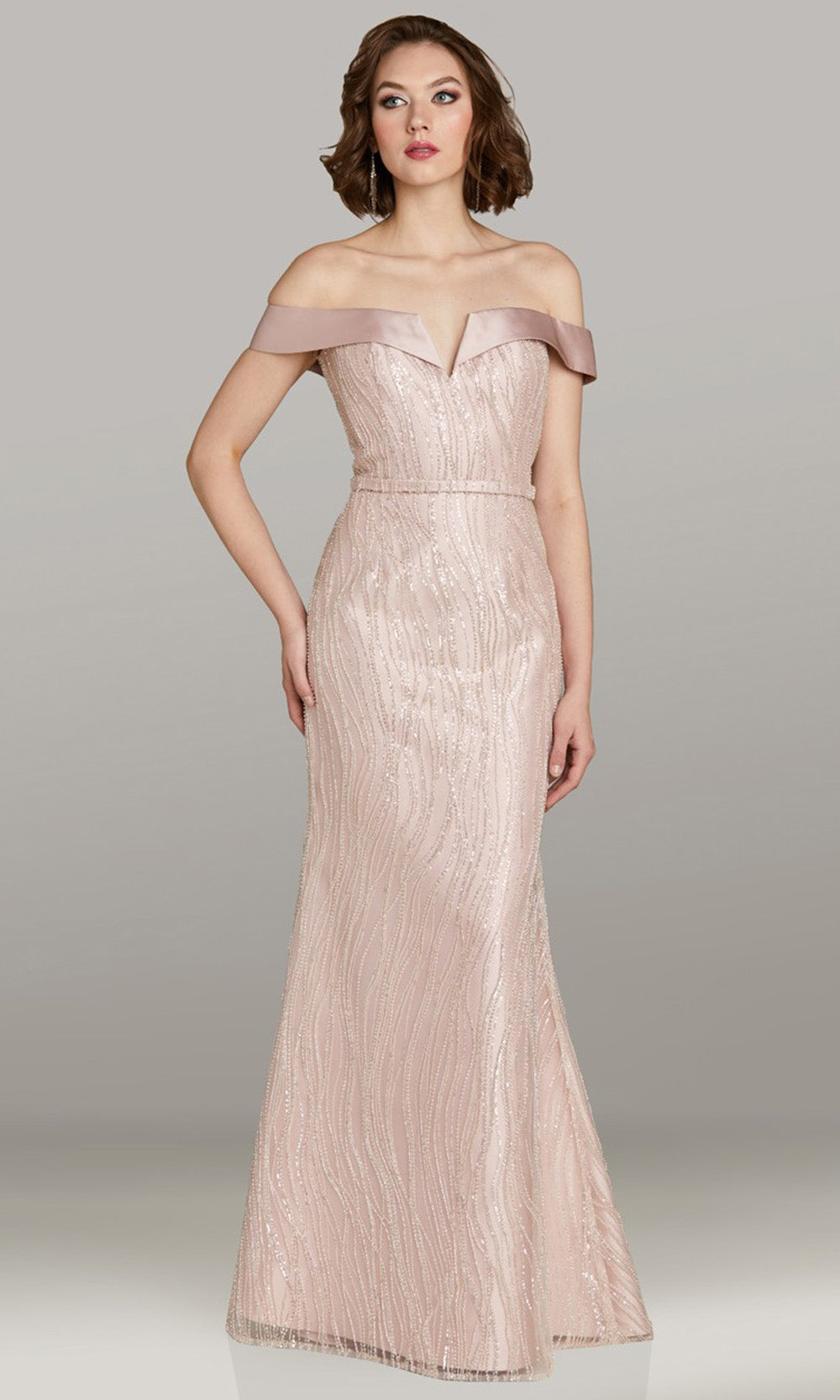 Feriani Couture 18491 - Beaded Fold Over Notched Evening Dress Mother of the Bride Dresses in Blush 