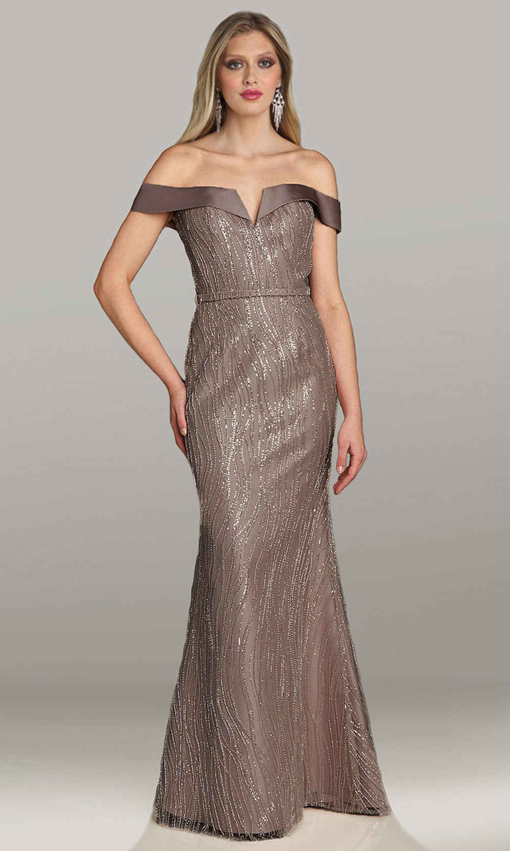 Feriani Couture 18491 - Beaded Fold Over Notched Evening Dress Mother of the Bride Dresses in Charcoal 