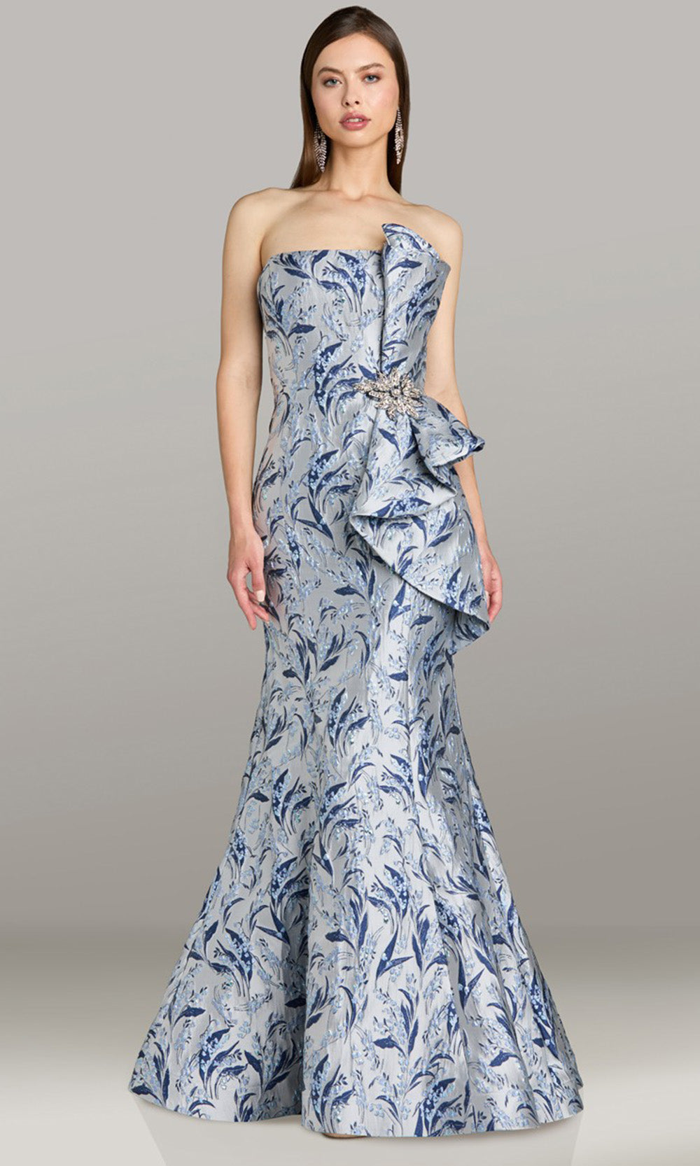 Feriani Couture 18507 - Ruffle Detail Straight Neckline Evening Gown Prom Dresses in Blue Silver