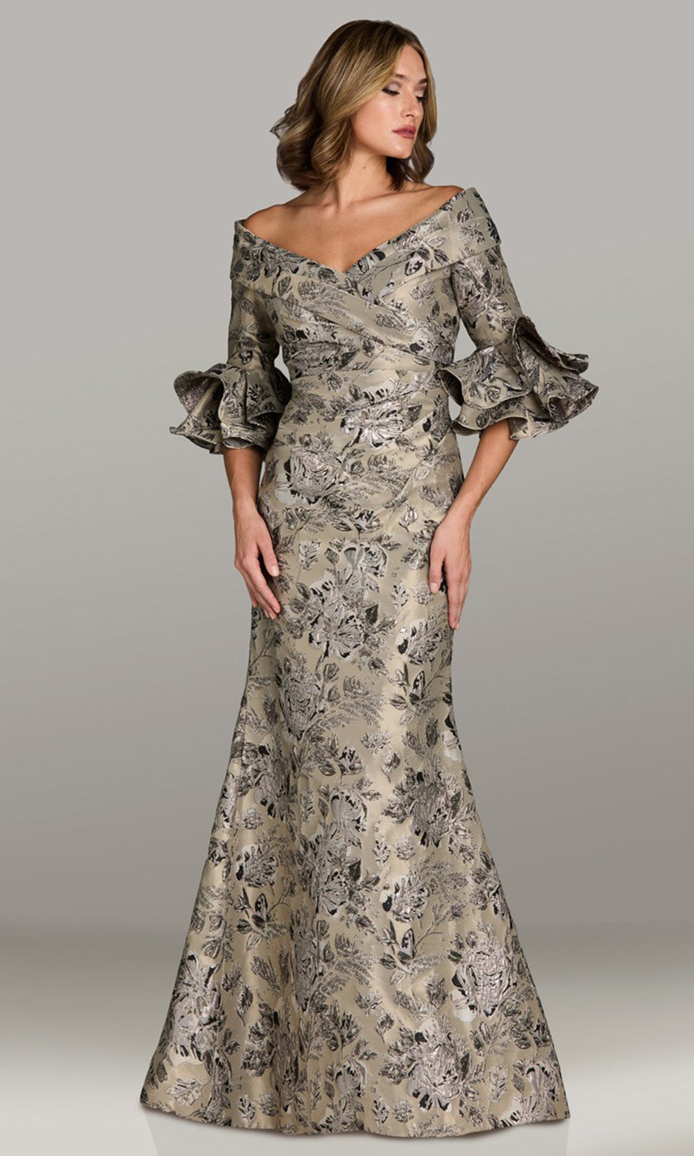 Feriani Couture 18515 - Three-Quarter Bell Sleeve Floral Textured Gown Formal Gowns in Champ 
