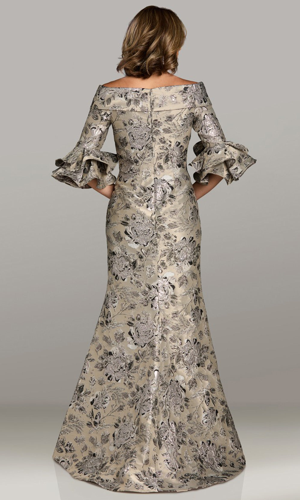 Feriani Couture 18515 - Three-Quarter Bell Sleeve Floral Textured Gown Formal Gowns in Champ 