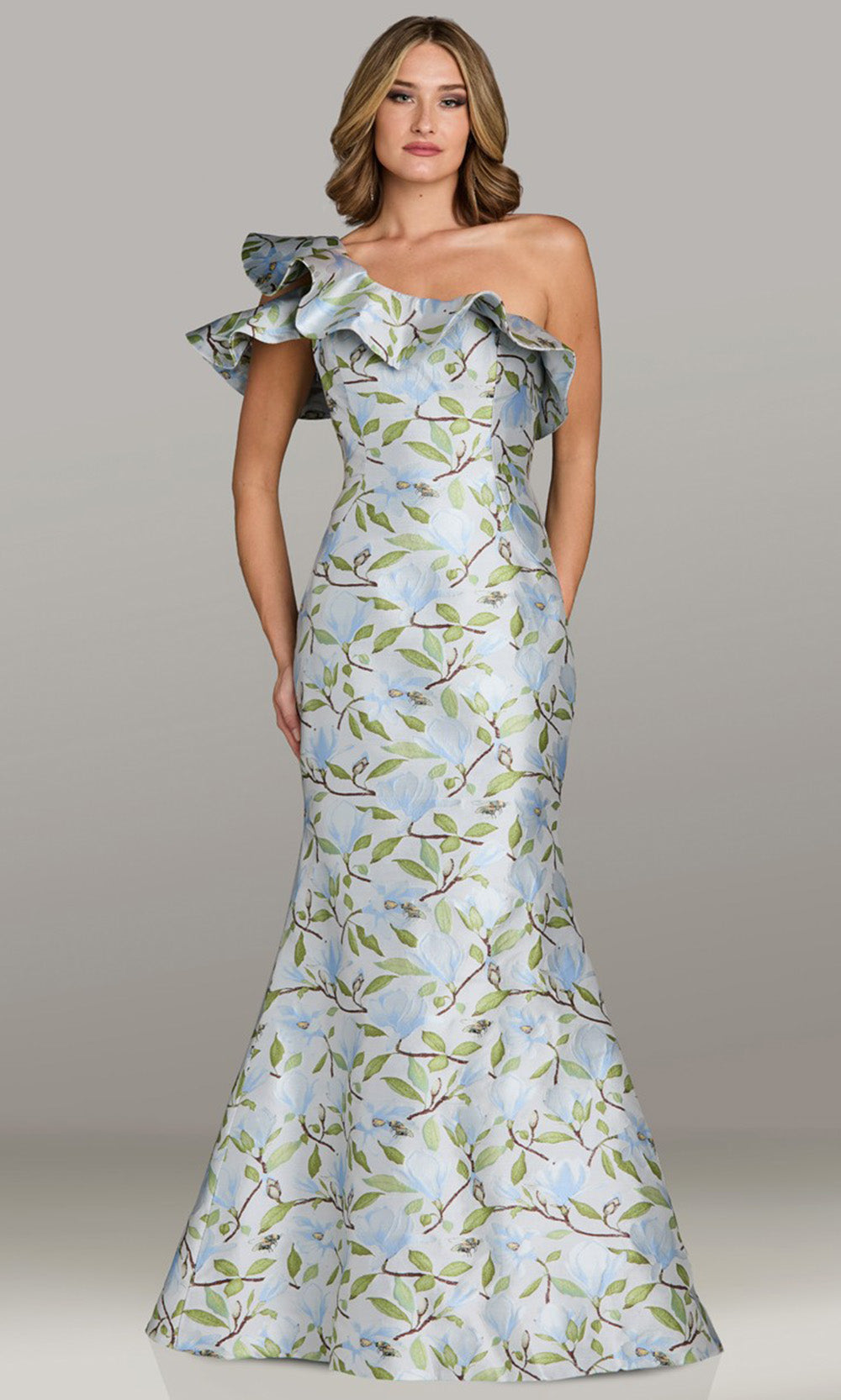 Feriani Couture 18517 - Ruffled Asymmetric Neckline Printed Gown Formal Gowns in Sky 
