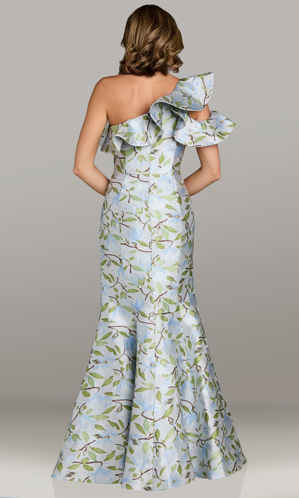 Feriani Couture 18517 - Ruffled Asymmetric Neckline Printed Gown Formal Gowns in Sky 