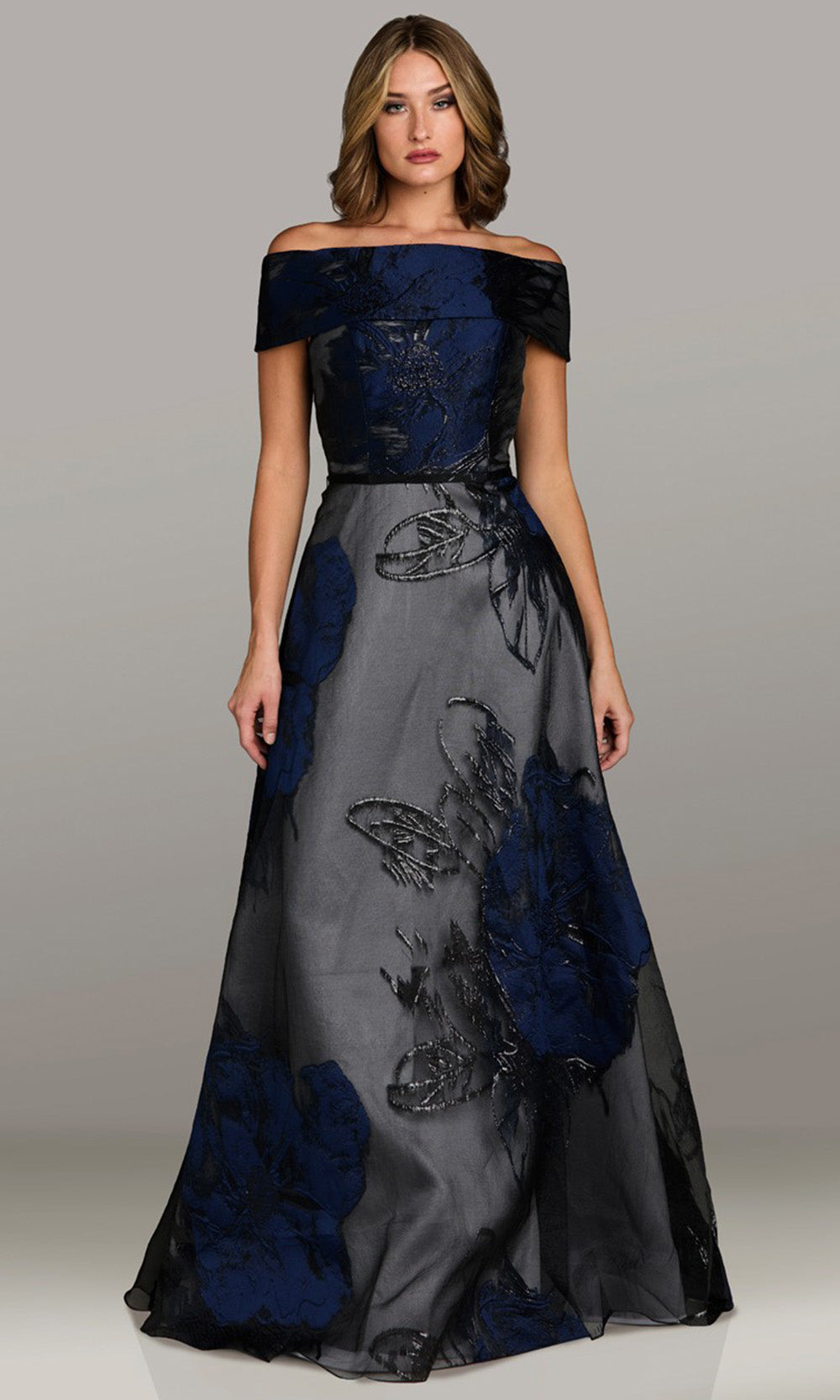 Feriani Couture 18524 - Floral Embellished Short Sleeve Evening Dress Formal Gowns in Navy 