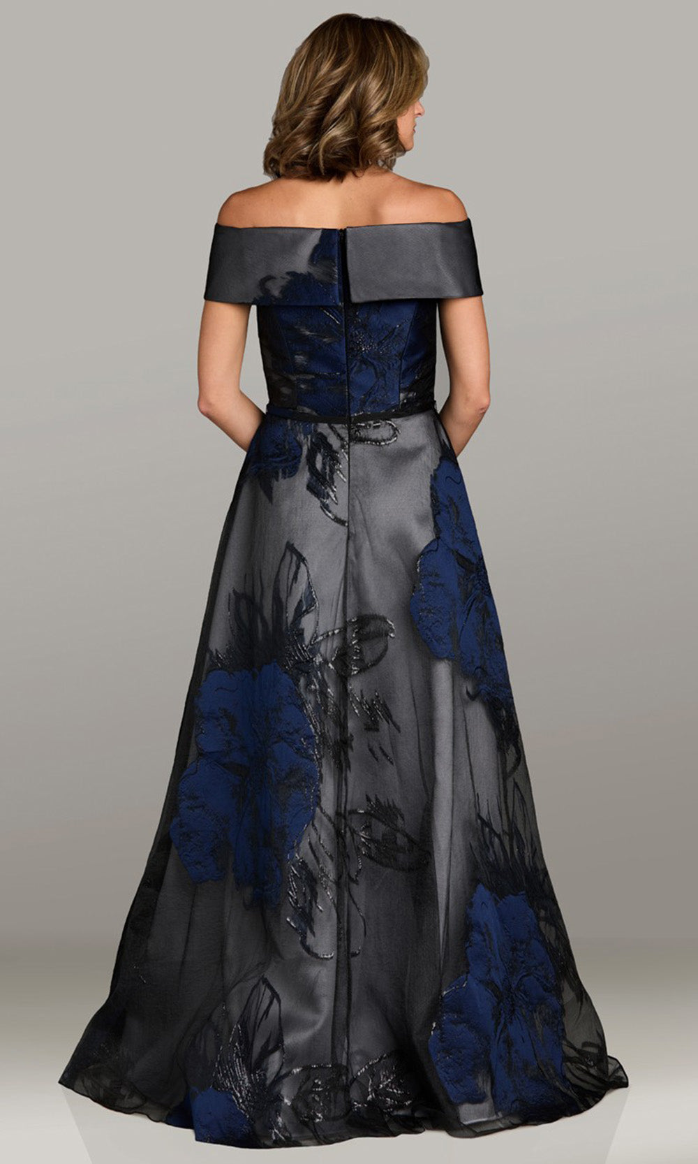 Feriani Couture 18524 - Floral Embellished Short Sleeve Evening Dress Formal Gowns in Navy 