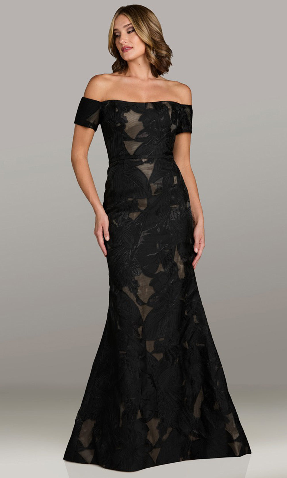 Feriani Couture 18525 - Off Shoulder Short Sleeve Flared Gown Formal Gowns in Black Nude