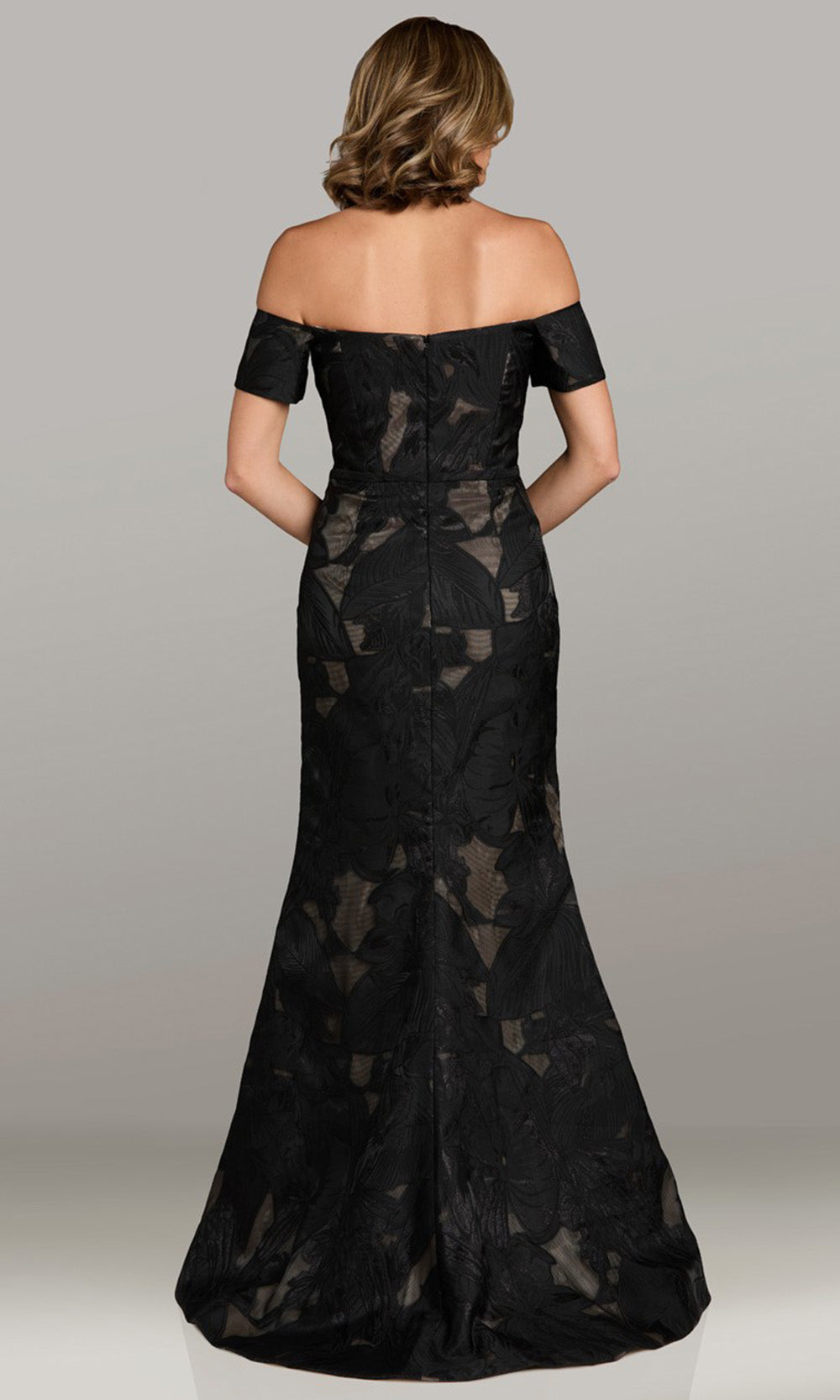 Feriani Couture 18525 - Off Shoulder Short Sleeve Flared Gown Formal Gowns in Black Nude