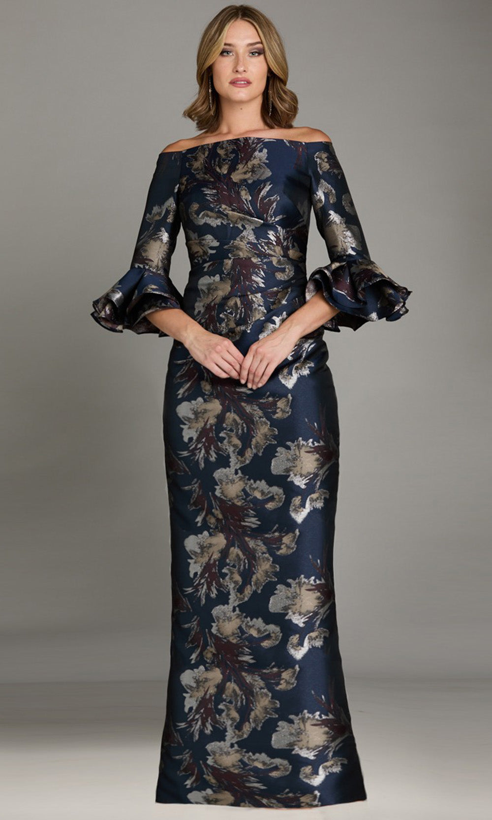 Feriani Couture 18546 - Straight Across Neckline Column Evening Dress Mother of the Bride Dresses in Navy 