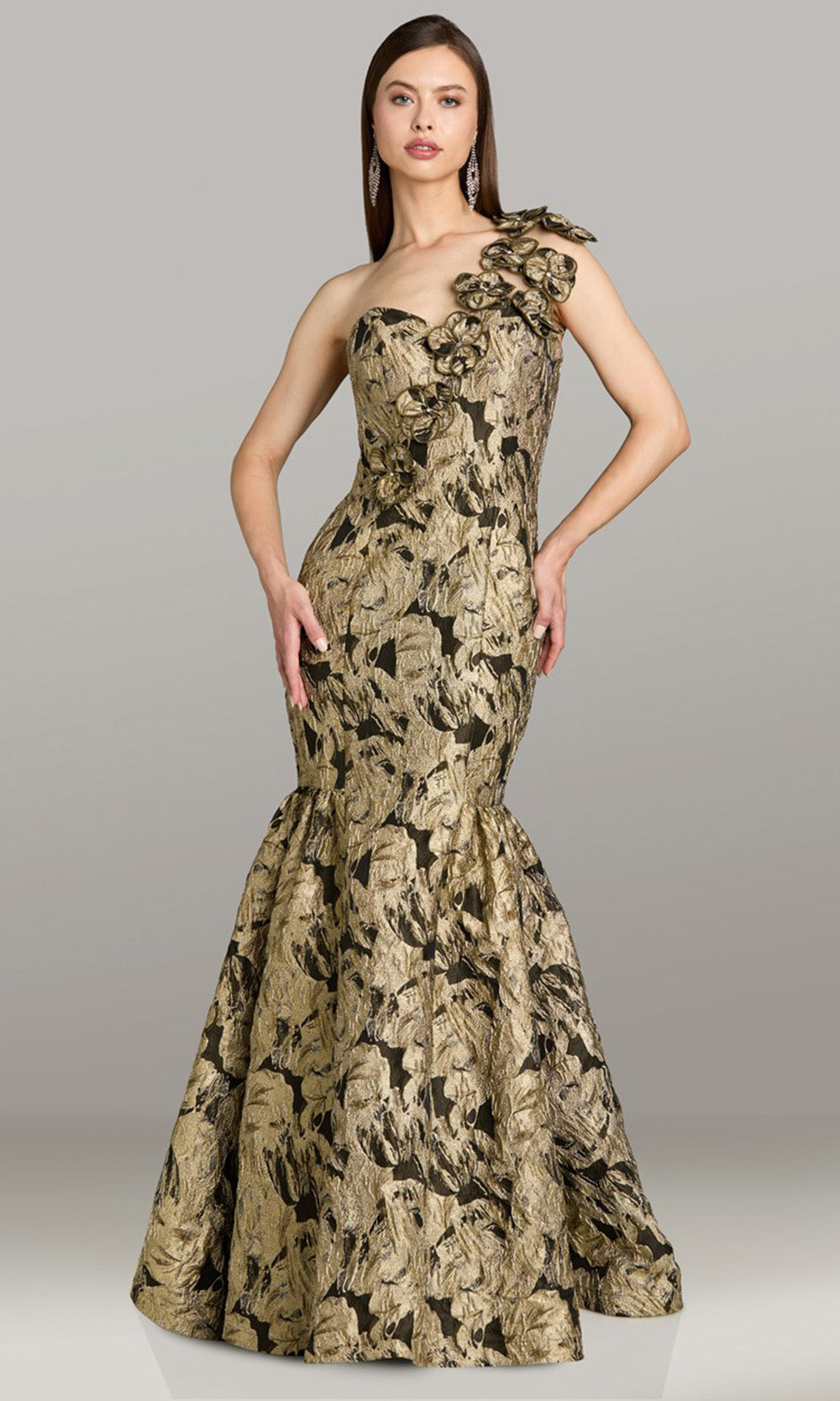 Feriani Couture 18552 - Asymmetric Floral Applique Flared Gown Mother of the Bride Dresses in Black Gold