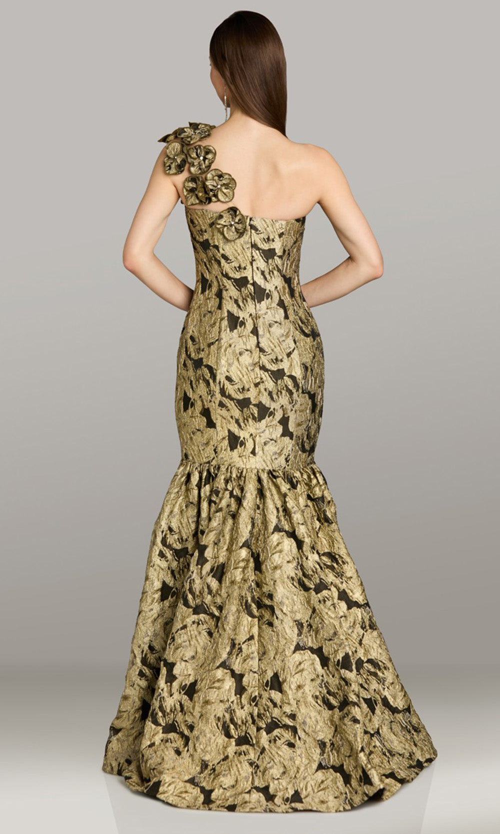 Feriani Couture 18552 - Asymmetric Floral Applique Flared Gown Mother of the Bride Dresses in Black Gold