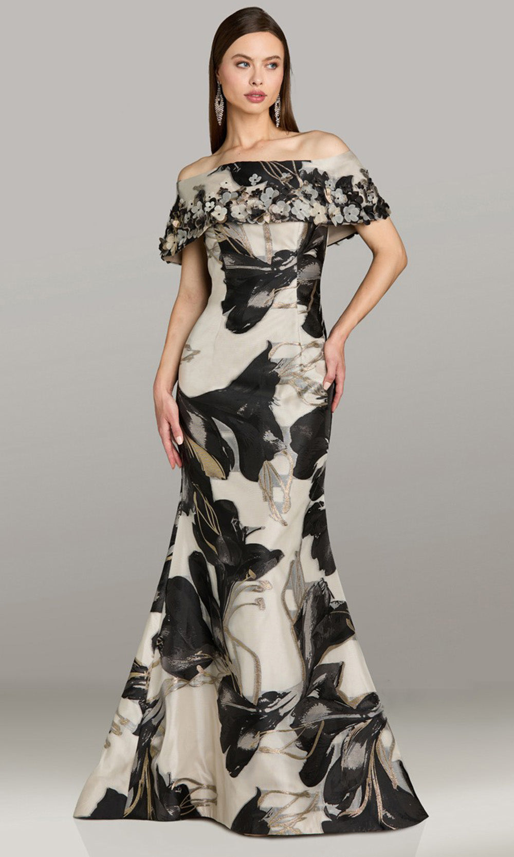 Feriani Couture 18561 - Abstract Print Off Shoulder Gown with Appliques Mother of the Bride Dresses in Black Silver