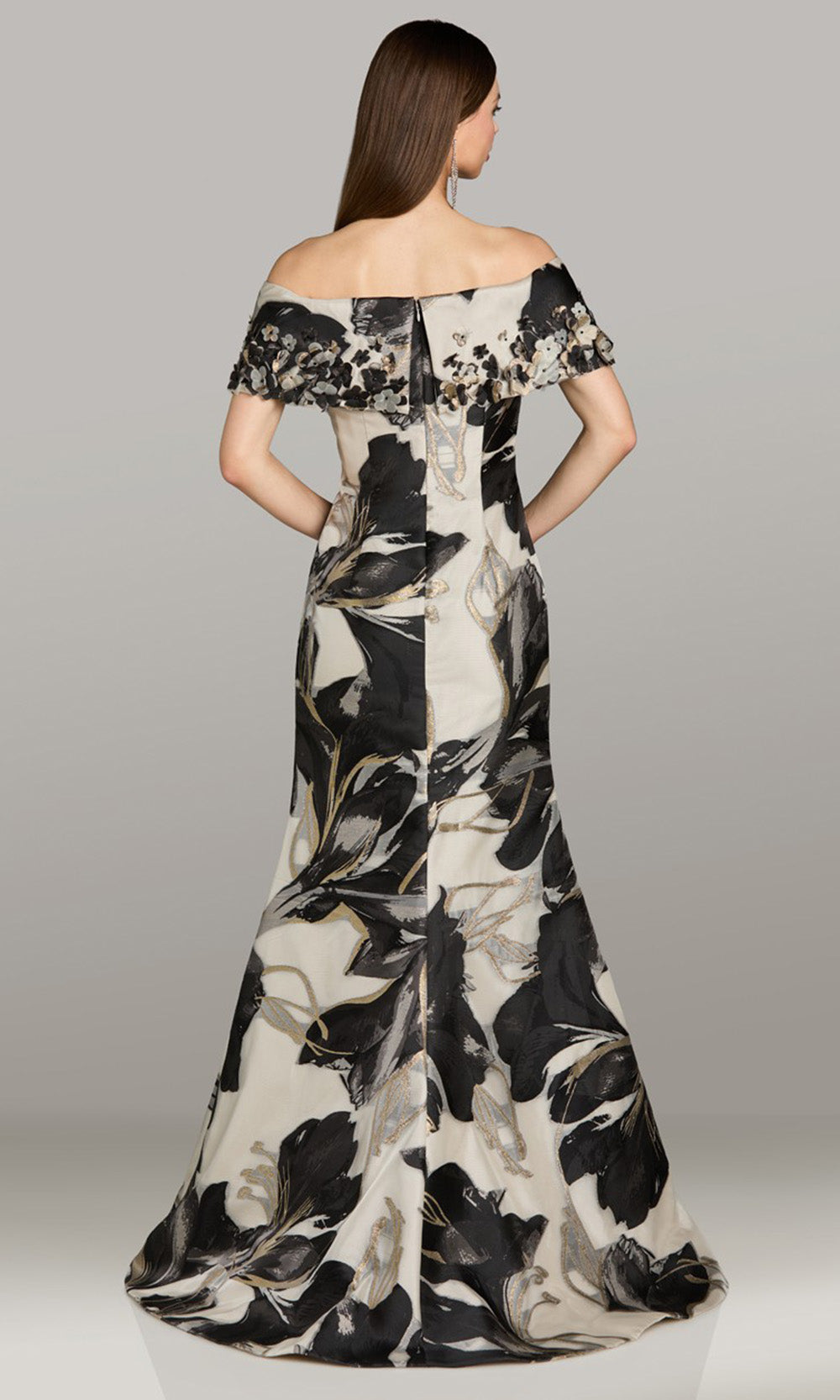 Feriani Couture 18561 - Abstract Print Off Shoulder Gown with Appliques Mother of the Bride Dresses in Black Silver