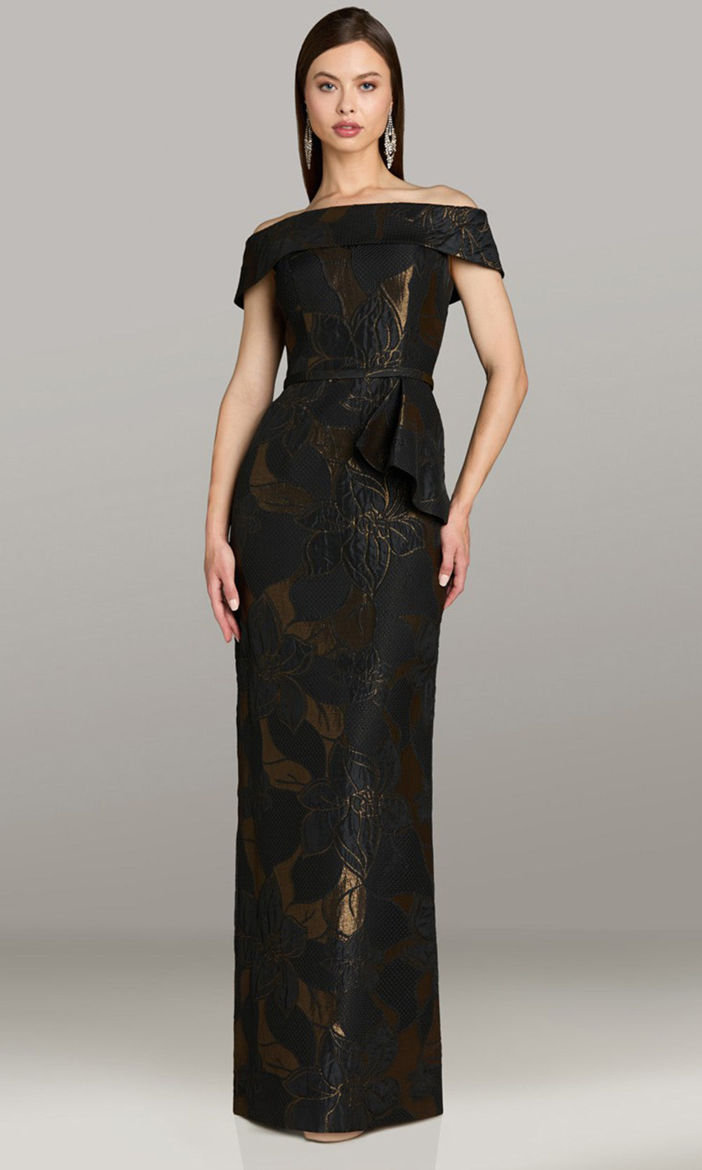 Feriani Couture 18567 - Floral Pattern Column Skirt Gown Mother of the Bride Dresses in Black Bronze