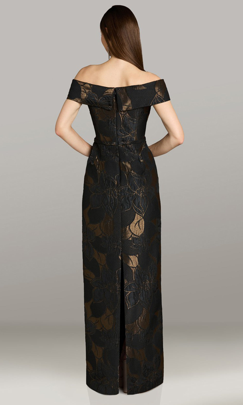 Feriani Couture 18567 - Floral Pattern Column Skirt Gown Mother of the Bride Dresses in Black Bronze