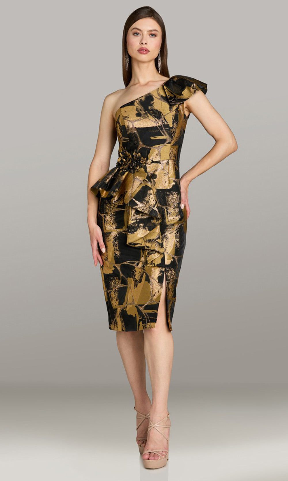 Feriani Couture 18576 - Asymmetric Sculpted Knee-Length Dress Cocktail Dresses in Gold 