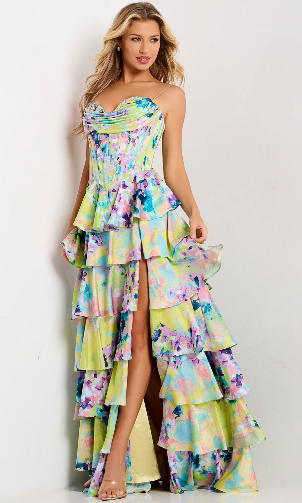 Jovani 47560 - Printed Satin A-Line Spaghetti Strap Dress Prom Dresses