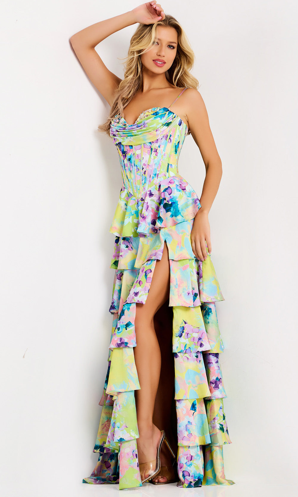 Jovani 47560 - Printed Satin A-Line Spaghetti Strap Dress