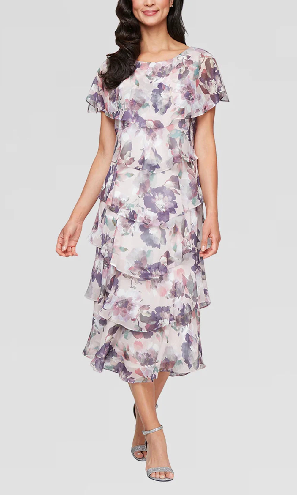 S.L. Fashions Dresses (SLNY) 9472101 - Floral Motif A-Line Midi Dress Wedding Guest in Pink and Multi