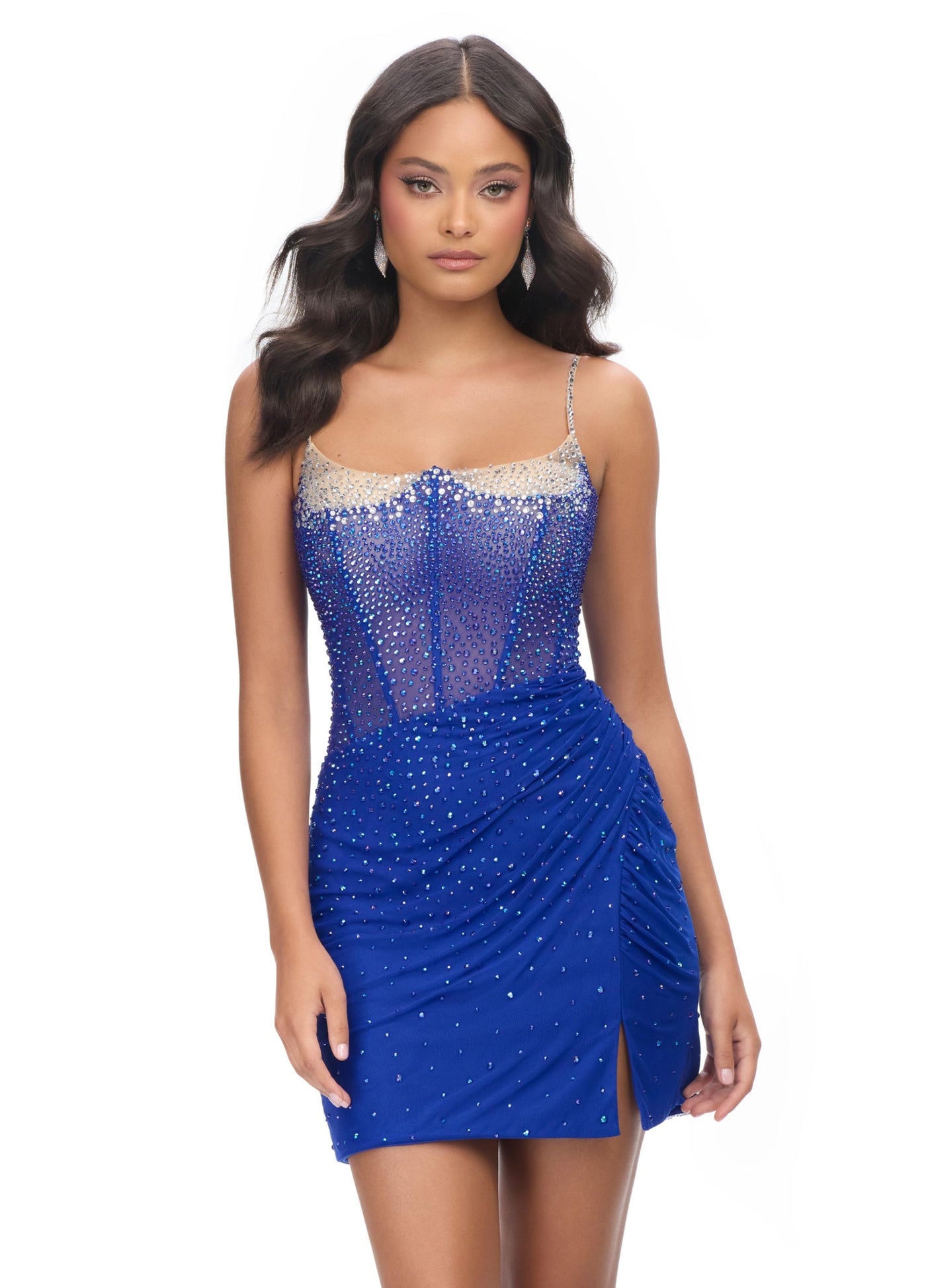 Ashley Lauren 4690 - Spaghetti Strap Dress with Slit In Blue