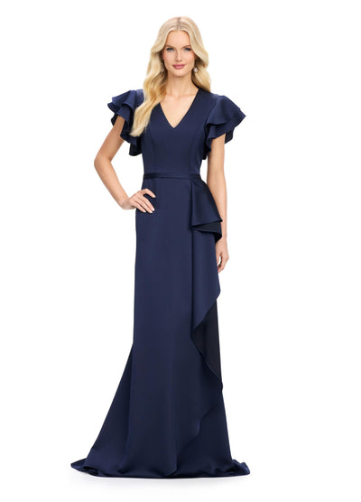 Ashley Lauren 11737 - Flutter Sleeve Ruffle Evening Gown In Blue