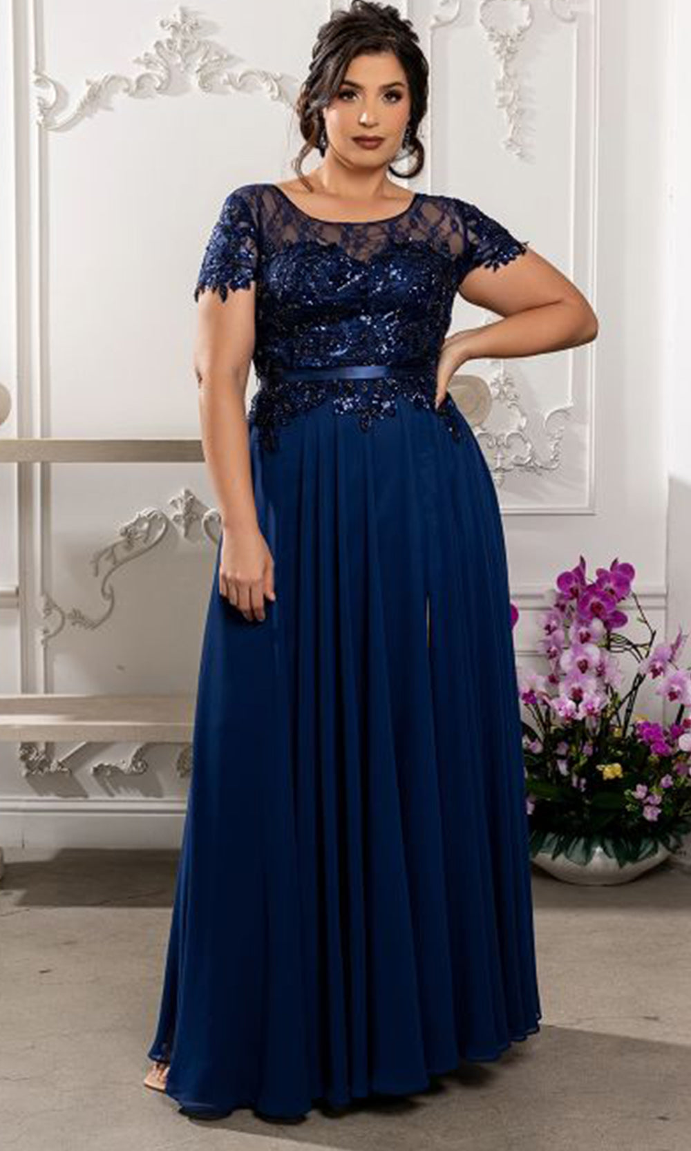 May Queen MQ2223 - Cap Sleeve Beaded Lace A-Line Gown