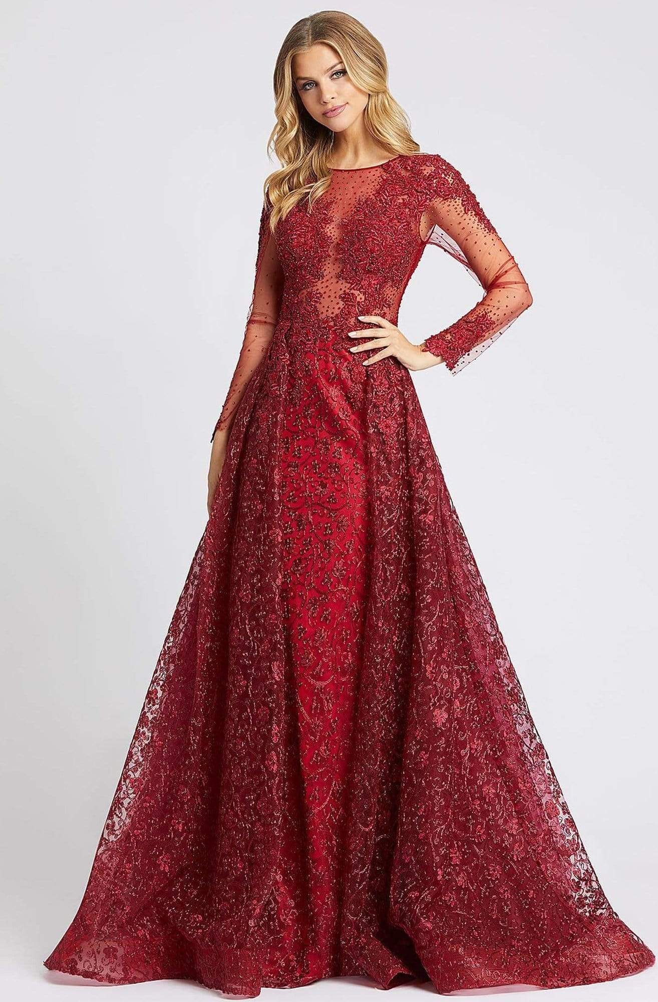 Mac Duggal - 20100D Embellished Sheer Long Sleeves Gown with Overlay Evening Dresses