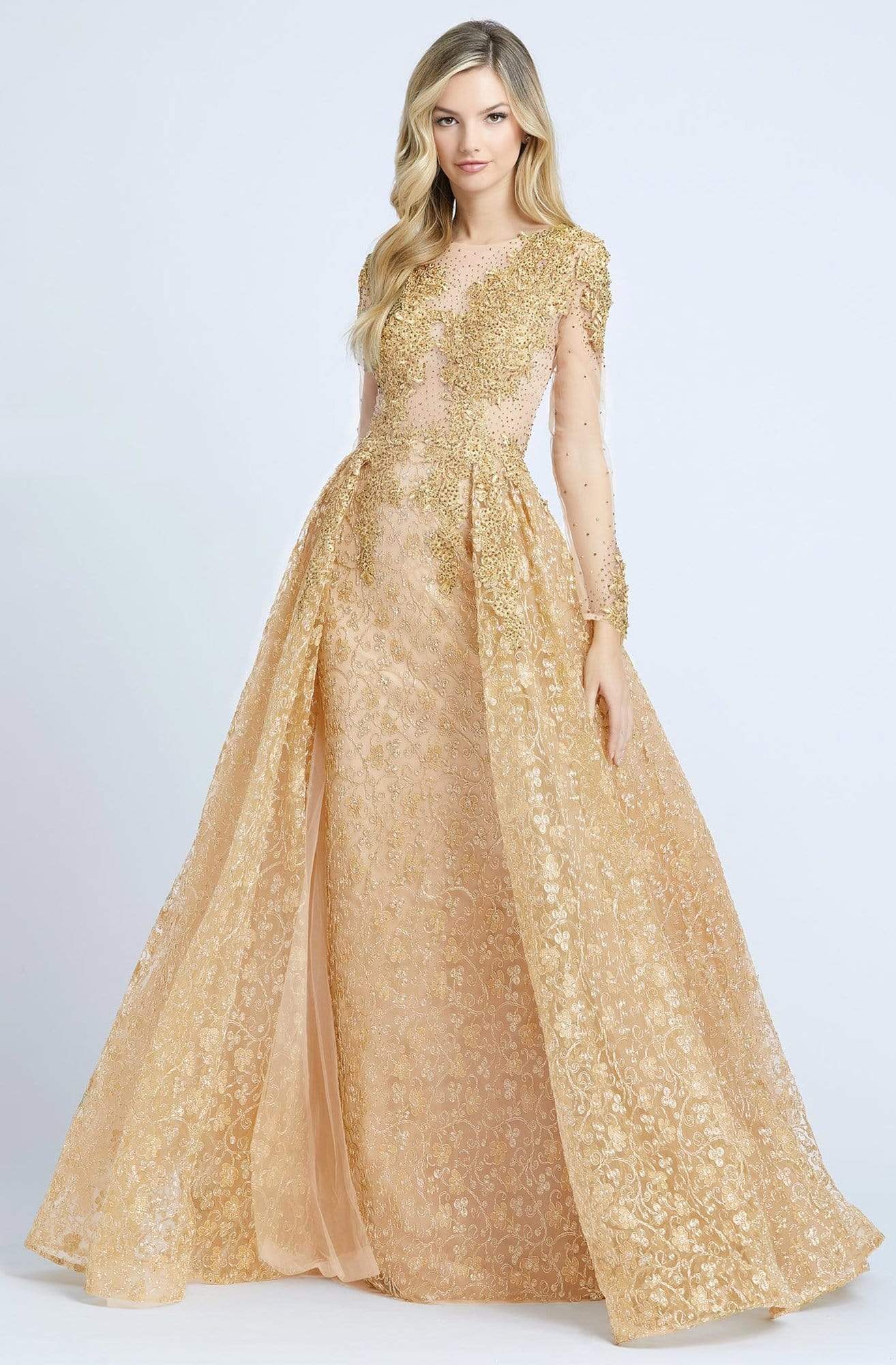 Mac Duggal - 20100D Embellished Sheer Long Sleeves Gown with Overlay Evening Dresses 4 / Gold