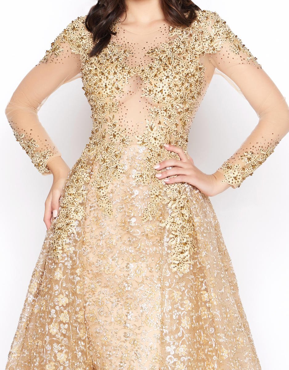 Mac Duggal - 20100D Embellished Sheer Long Sleeves Gown with Overlay in Gold