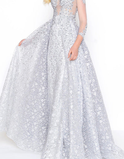 Mac Duggal - 20100D Embellished Sheer Long Sleeves Gown with Overlay in Silver