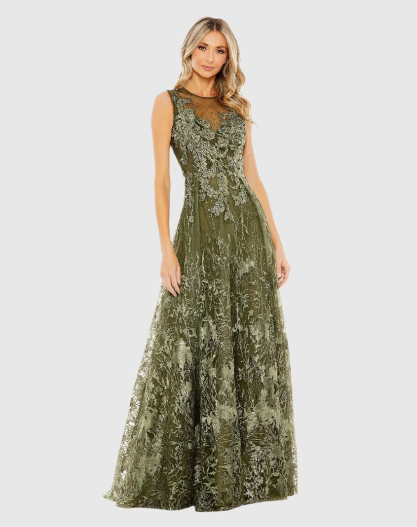 Mac Duggal 20166 - Beaded Lace A-Line Evening Gown In Green