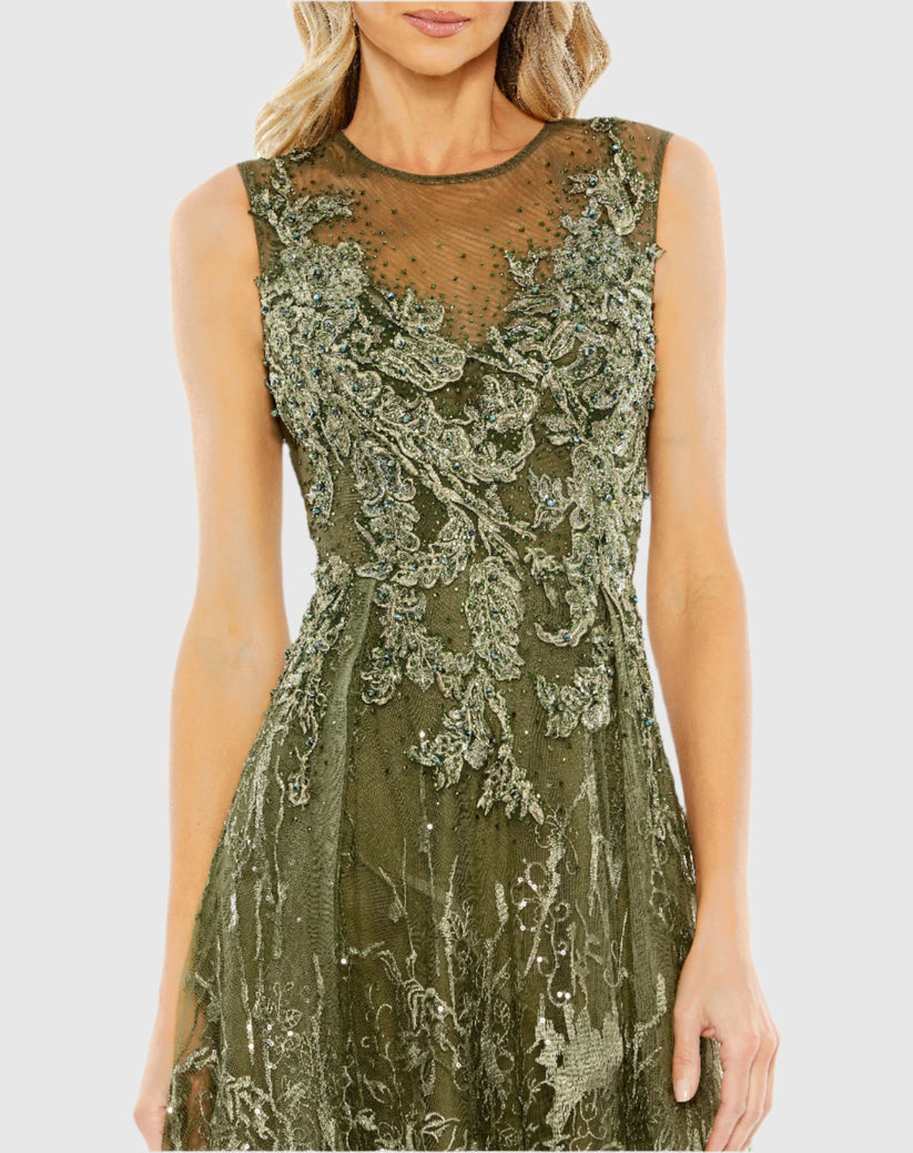 Mac Duggal 20166 - Beaded Lace A-Line Evening Gown In Green