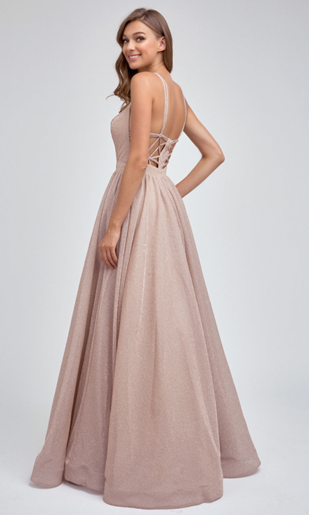 Juliet Dresses 201 - Strappy Back Glitter Gown with Pockets Prom Dresses