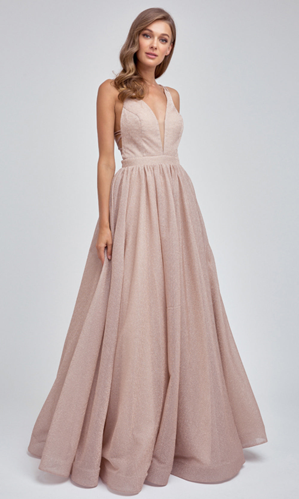Juliet Dresses 201 - Strappy Back Glitter Gown with Pockets Prom Dresses