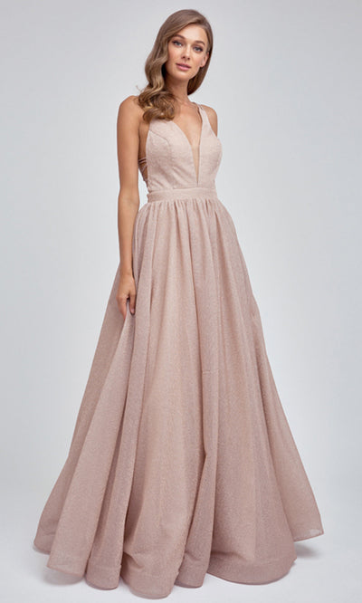 Juliet Dresses 201 - Strappy Back Glitter Gown with Pockets Prom Dresses