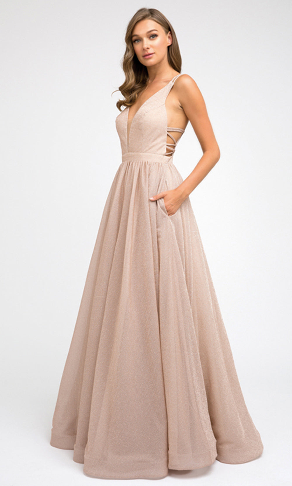 Juliet Dresses 201 - Strappy Back Glitter Gown with Pockets Prom Dresses